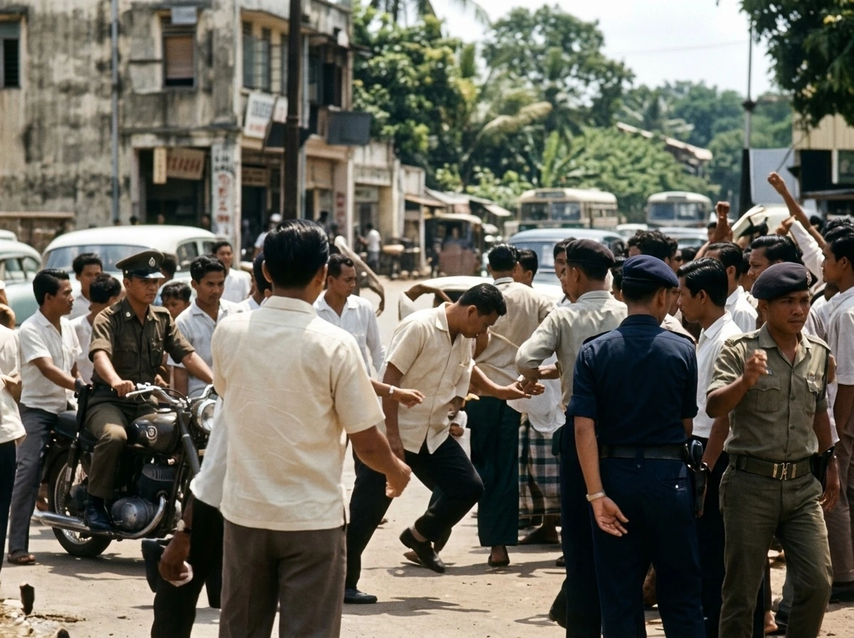 1969年5月12日大选后紧张对峙氛围中吉隆坡街头聚集的民众群体历史实照