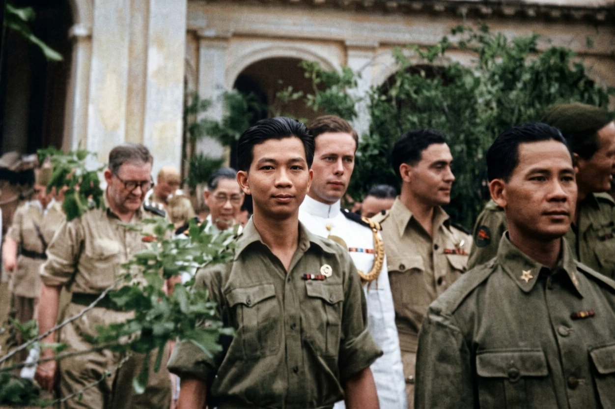 1946年1月新加坡抗日胜利庆典：抗日军中央军委主席刘尧（前排右一）与陈平（前排右二）佩戴战功勋章出席检阅