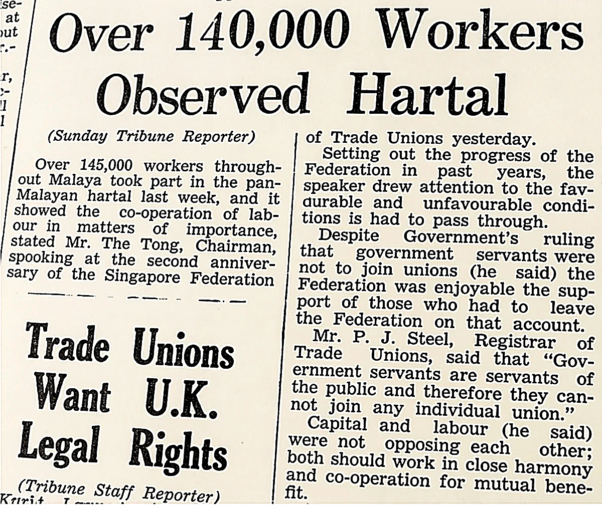 1947年10月21日英文《晨报》（Morning Tribune）头版历史报道：“逾14万名各族工人响应总罢市（Over 140,000 Workers Observed Hartal）”，详实记录1947年10月20日全马总罢工罢市使半岛与新加坡经济陷入全面停摆的历史现场。