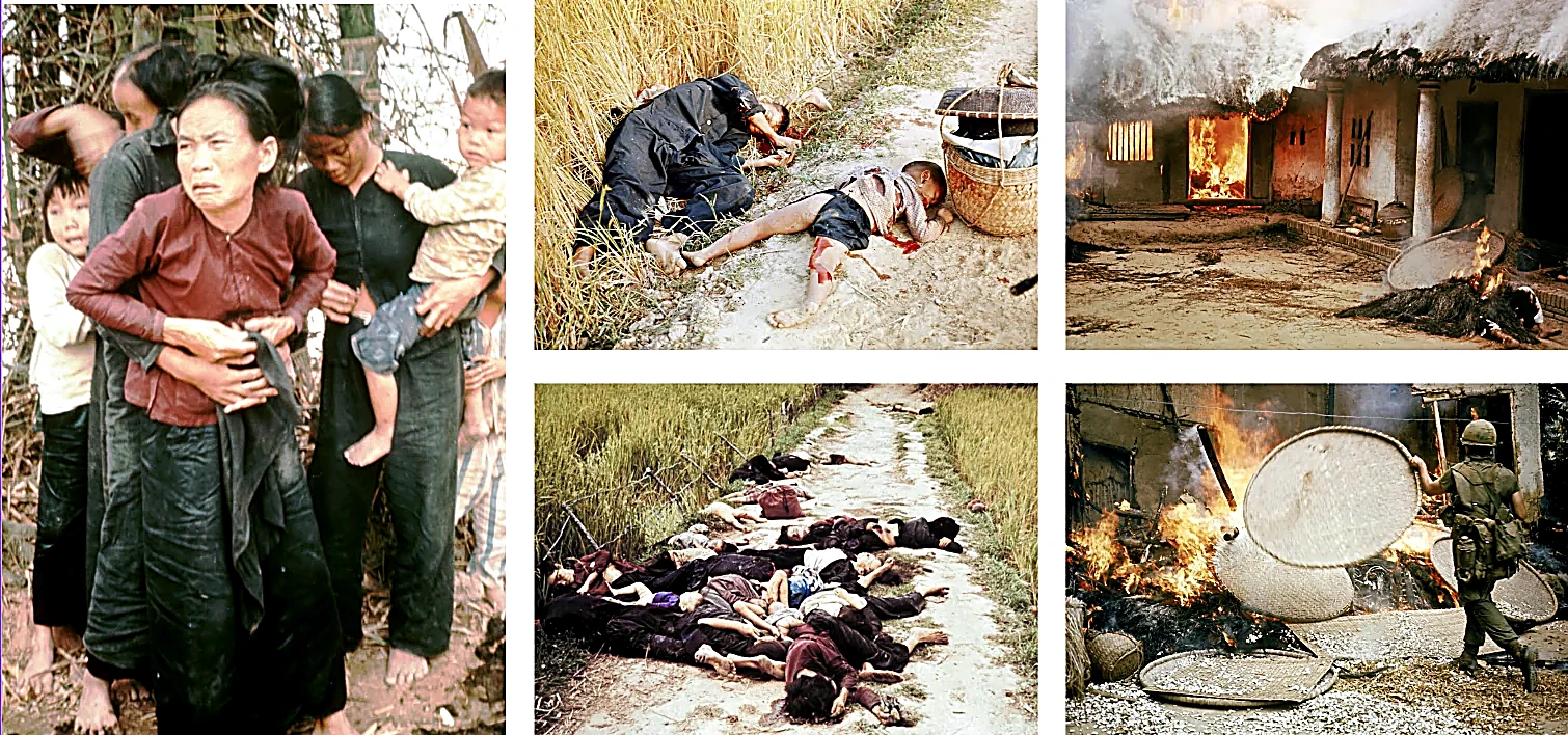 1968年美军越南“美莱村大屠杀”（My Lai Massacre）历史纪实照片：国际舆论将1948年英军峇冬加里惨案定性为“英国的美莱村”（Britain's My Lai），直斥英军暴行与美莱村屠杀毫无二致。