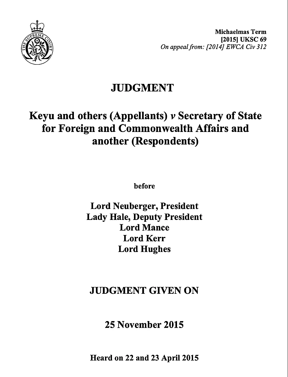 2015年11月25日英国最高法院关于峇冬加里惨案上诉案终审判决书（[2015] UKSC 69）首页原件：最高法院虽承认24名村民系遭无辜杀害，却以“无溯及力”等技术借口驳回独立公开调查诉求。