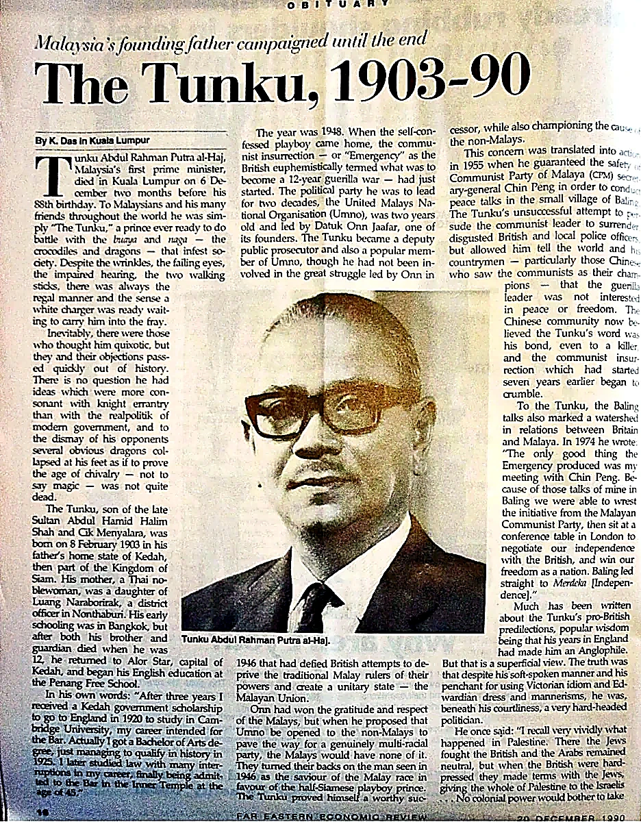 东姑阿都拉曼1975年回忆录《As a Matter of Interest》：“华玲和谈直接引领我们走向独立”