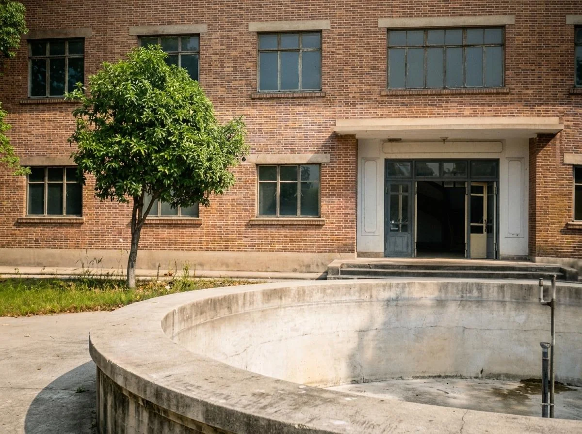 湖南益阳691工程主楼编委会办公大楼正门入口与门前蓄水消防池遗存