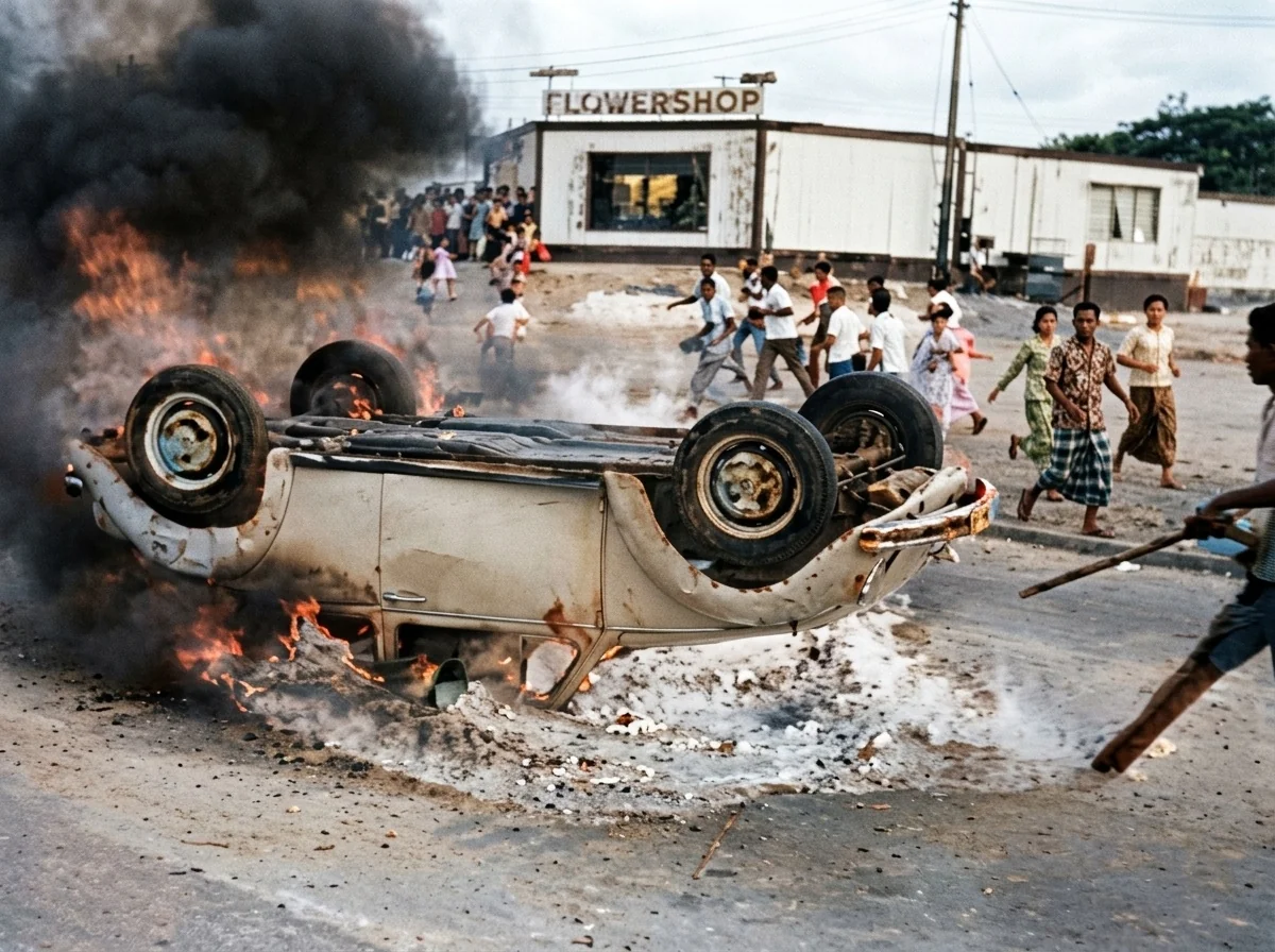 1969年五一三事件中吉隆坡主要干道被掀翻并剧烈燃烧的汽车残骸实照