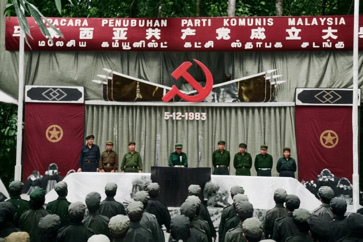 1983年12月5日泰南昔罗“马来西亚共产党成立大会”历史现场实照：分裂派“革命派”与“马列派”宣布合流，主席台悬挂三语横幅与“5-12-1983”标识，标志着分裂阵营彻底滑向与马共决裂的历史深渊。