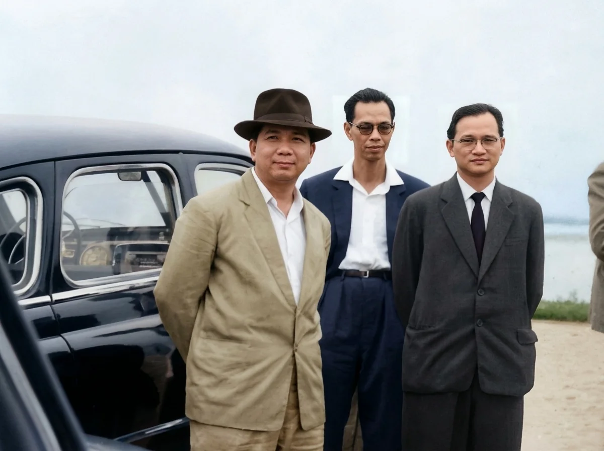 1962年4月马共中央总书记陈平（左）、副总书记李安东（中）与政治局常委章凌云（右）在北越河内专车前留影