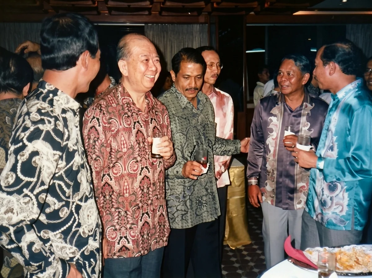 1989年12月2日晚合艾庆祝联欢宴会上，身着峇迪衫的陈平总书记（左二）、马方谈判团长拿督拉欣诺（中）与泰马将领举杯畅谈