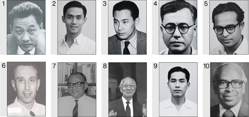 马来亚民主同盟（马盟）十位核心成员历史肖像档案：1. 林建才、2. 郭鹤龄、3. 林丰美、4. 余柱业、5. P·V·沙尔玛、6. 约翰·依伯、7. 詹姆斯·普图遮里、8. 小何亚林（创党主席老何亚林之子）、9. 伍天旺、10. 拉惹勒南