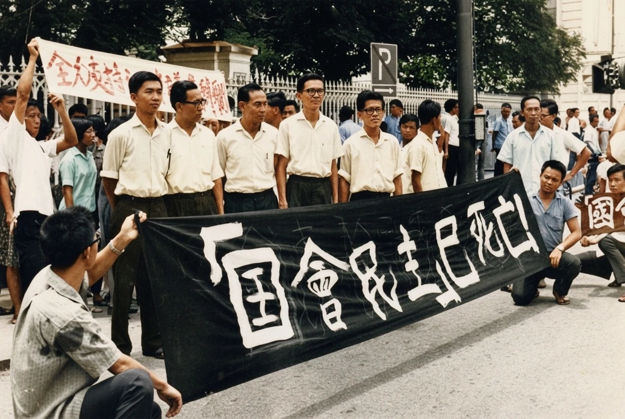 1963年10月当局发动“粉碎行动”逮捕新当选的社阵立法议员后，愤怒的民众抬着“国会民主已死亡”的巨幅黑底白字横幅走上新加坡街头抗议