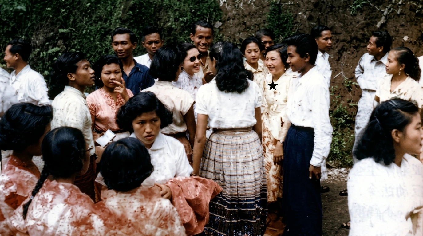 1956年亚非学生会议在印尼万隆举行期间，出席会议的各国学生代表游览万隆著名景点覆舟山火山口时交谈实照；画面右中站在男代表身边的白衣花裙女青年（标★者）即为新加坡学运代表蔡石君