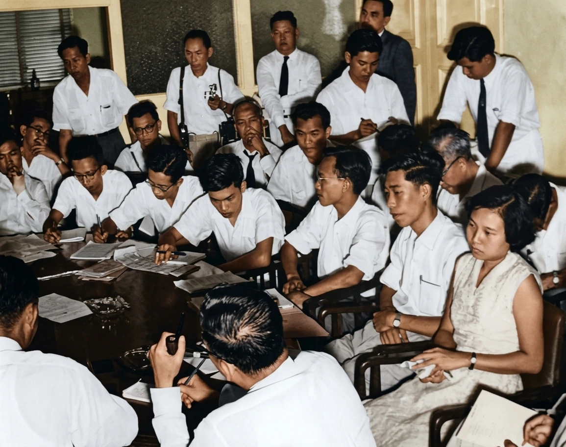 1956年9月下旬中学联遭强行取缔后学生代表在政府大厦与行政当局展开正面交锋：背向镜头手持烟斗者为劳工阵线政府首席部长林有福；面向镜头前排坐者右起为中学联骨干与华校学生代表蔡石君、吴有发、王鹤群、林清如（华中自治会领袖）、陈再聪、李伟镇，在殖民代理人政治高压下据理力争维护合法结社与受教育权