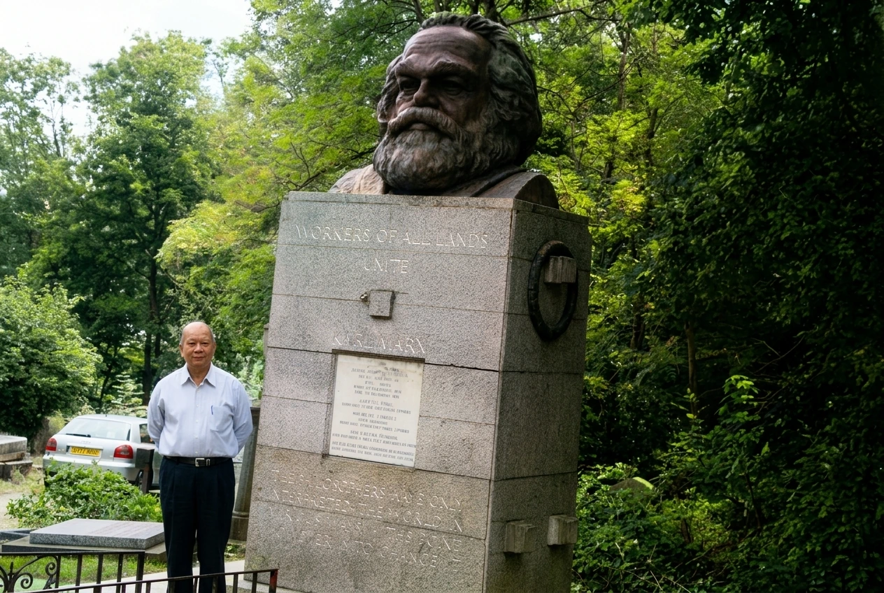陈平造访英国伦敦海格特公墓（Highgate Cemetery），肃立于镌有“WORKERS OF ALL LANDS UNITE”（全世界无产者，联合起来）的卡尔·马克思墓碑旁留影。