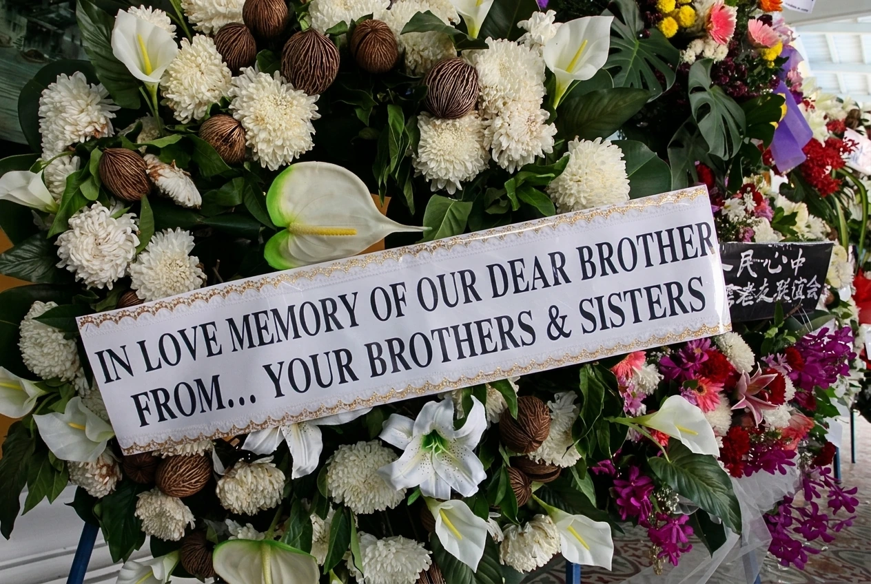 陈平兄弟姐妹敬献的花圈（“IN LOVE MEMORY OF OUR DEAR BROTHER FROM... YOUR BROTHERS & SISTERS”），右侧后方可见“霹雳老友联谊会”敬献之花圈。