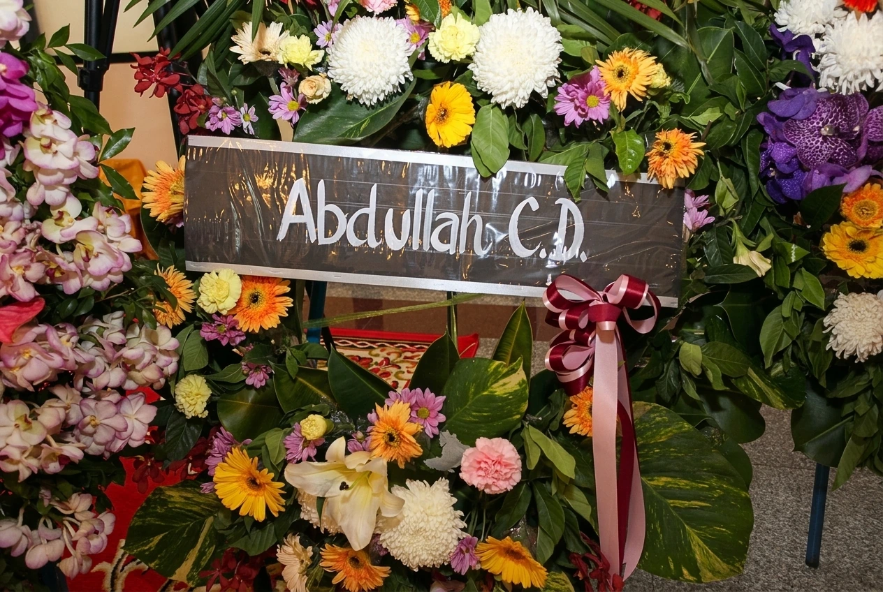 马来亚共产党中央委员会主席阿都拉·西迪（Abdullah C.D.）敬献的花圈，挽牌上端庄书写“Abdullah C.D.”字样。