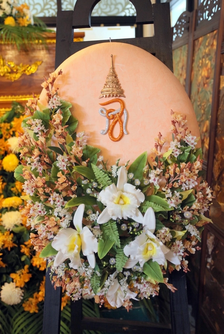 泰王国朱拉蓬公主殿下（HRH Princess Chulabhorn Walailak）御赐的橘粉色皇家花圈，正中镶嵌泰王室冕旒与“จุฬาภรณ”（朱拉蓬）皇家徽记。