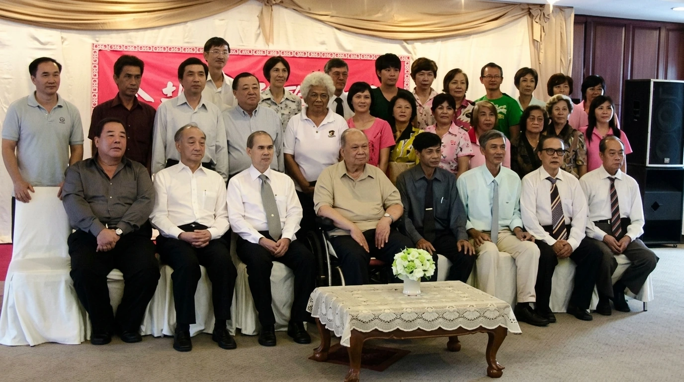 与合艾和平联谊会成员合影。陈平（前排左三）与阿都拉·西迪（前排右三）同合艾和平联谊会骨干成员亲切留影。