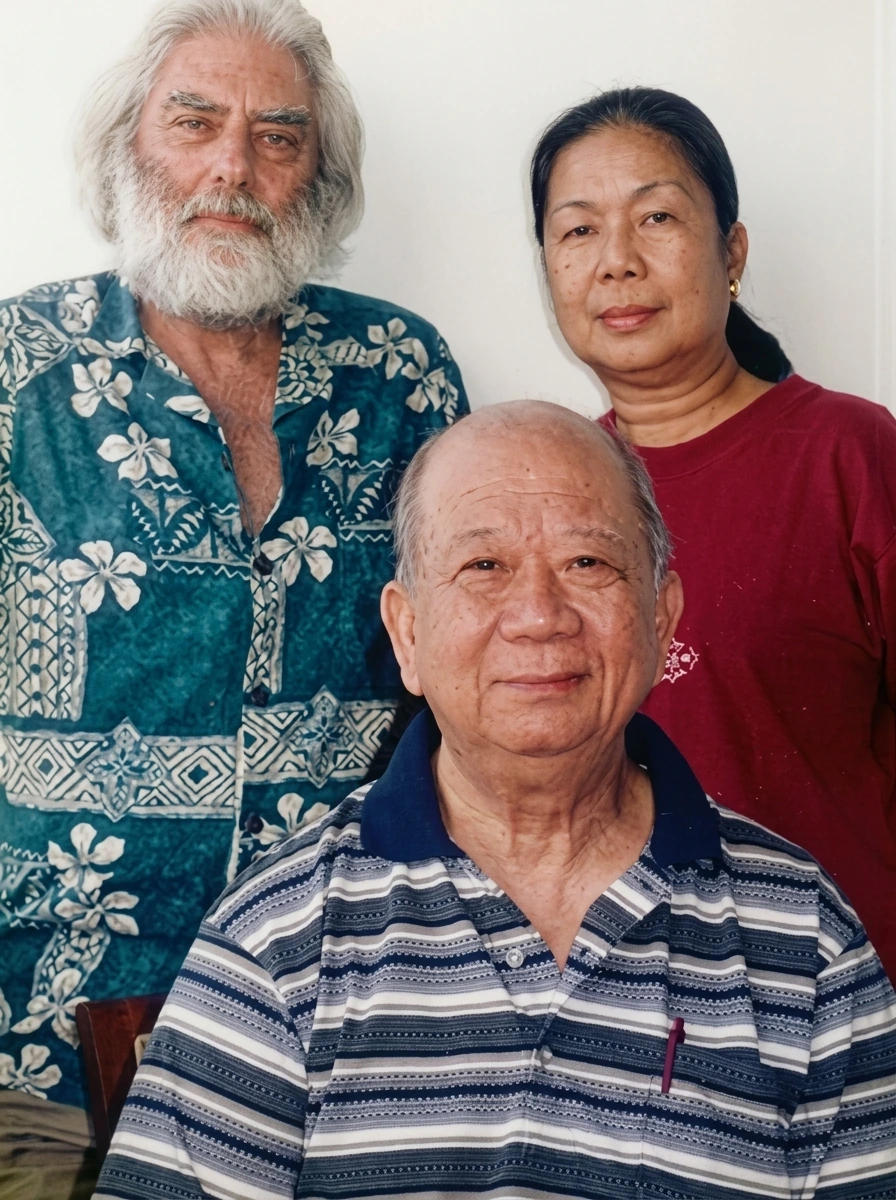 与他的书的两位作者。陈平（中）与《我方的历史》（My Side of History）合著者伊恩·沃德（Ian Ward，左）和诺玛·米拉弗洛尔（Norma Miraflor，右）合影。