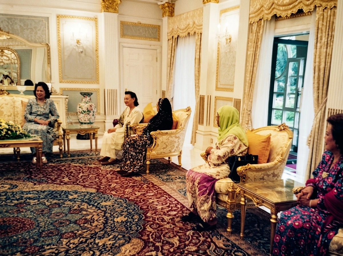 1998年12月1日，应敏钦（Suriani Abdullah，右二，阿都拉·西迪夫人）率和平村妇女代表获霹雳苏丹后端姑拜润殿下（Raja Permaisuri Tuanku Bainun，左一）亲切接见。