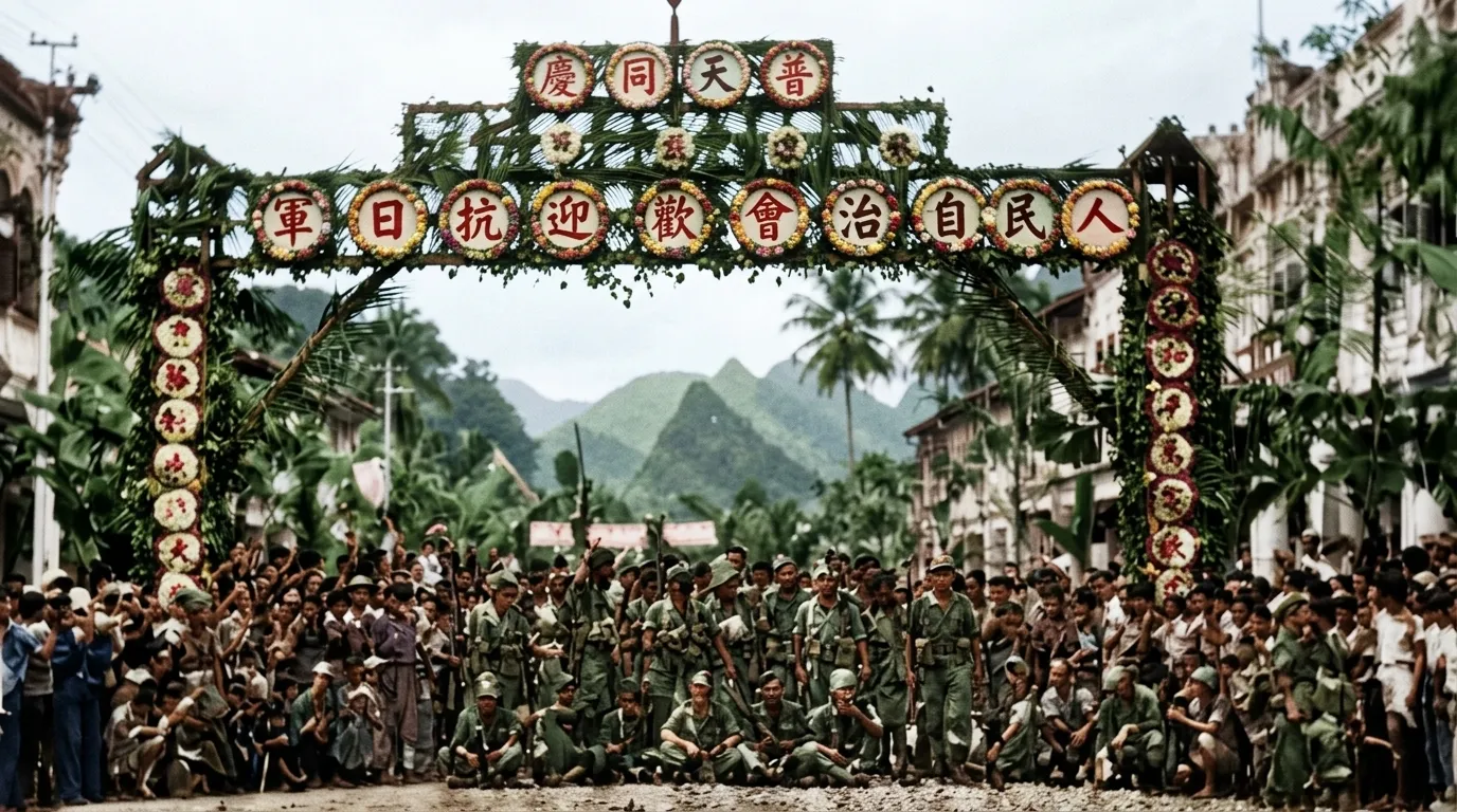 1945年8月霹雳州积莪营：当地民众搭建“普天同庆、人民自治会欢迎抗日军”棕榈凯旋牌楼迎接抗日军第五独立队进驻（原载1947年李铁民编《大战与南侨》）