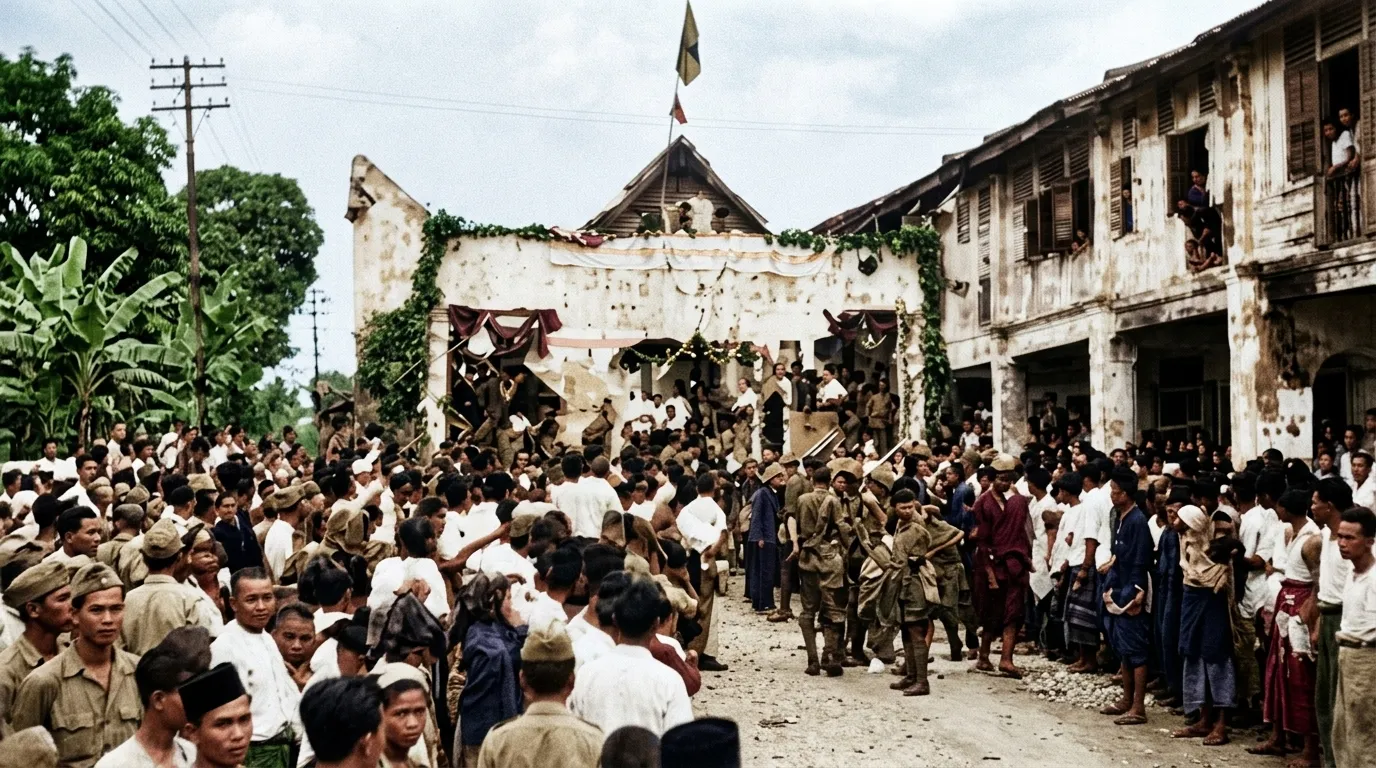 1945年8月霹雳州积莪营：各族民众夹道迎候走出丛林的人民抗日军队伍