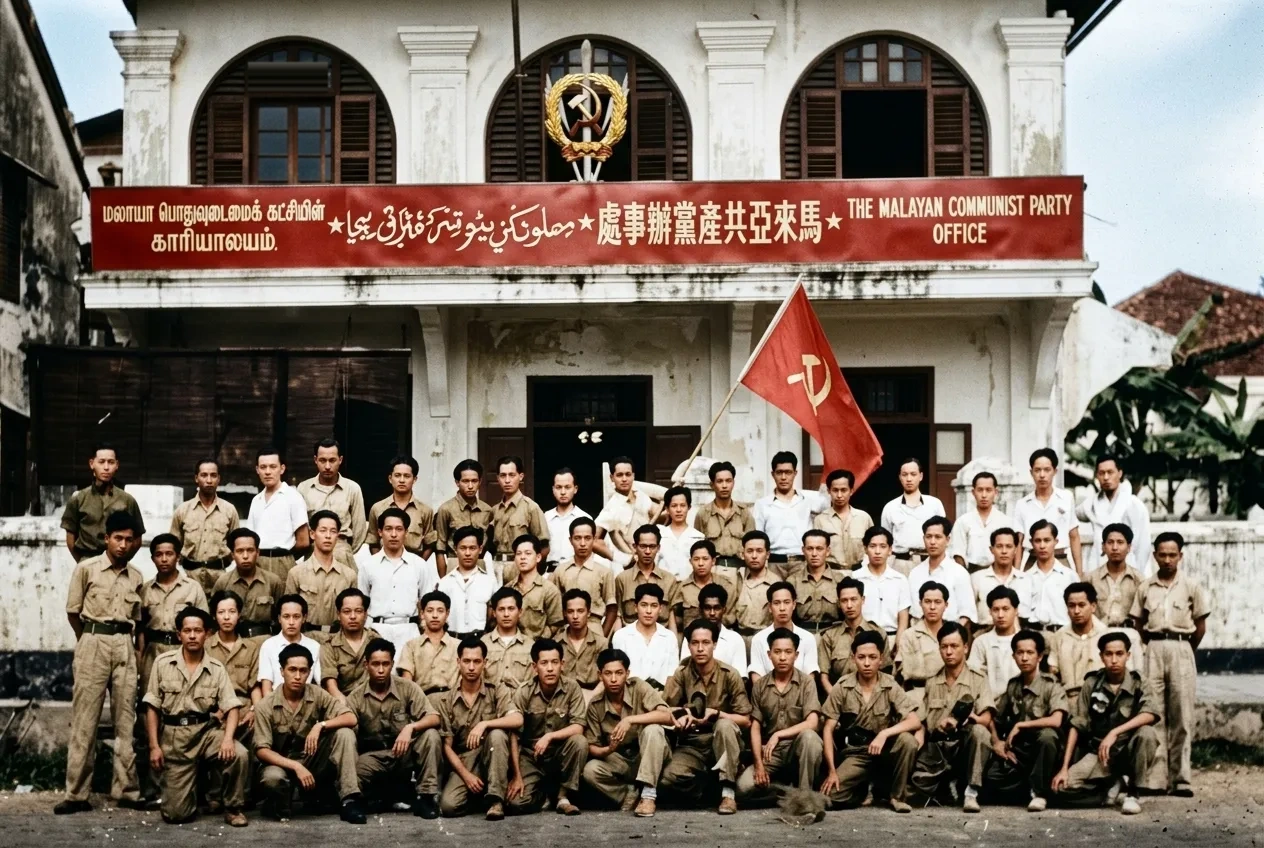 1945年9月新加坡皇后街218号马来亚共产党总办事处四语招牌前全体工作同志合影
