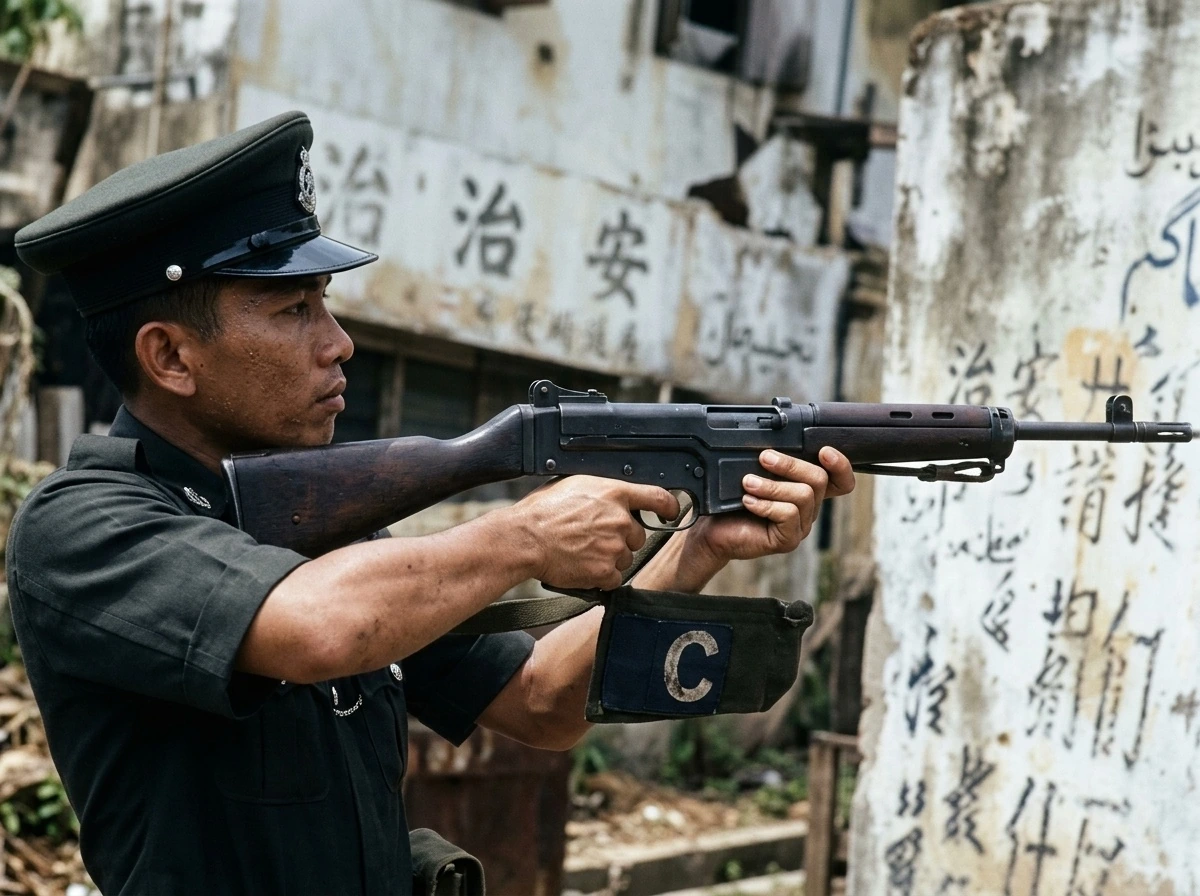 荷枪实弹的防暴警察端枪严密警戒（背景斑驳墙面书写着“治安”标语与爪夷文题记）