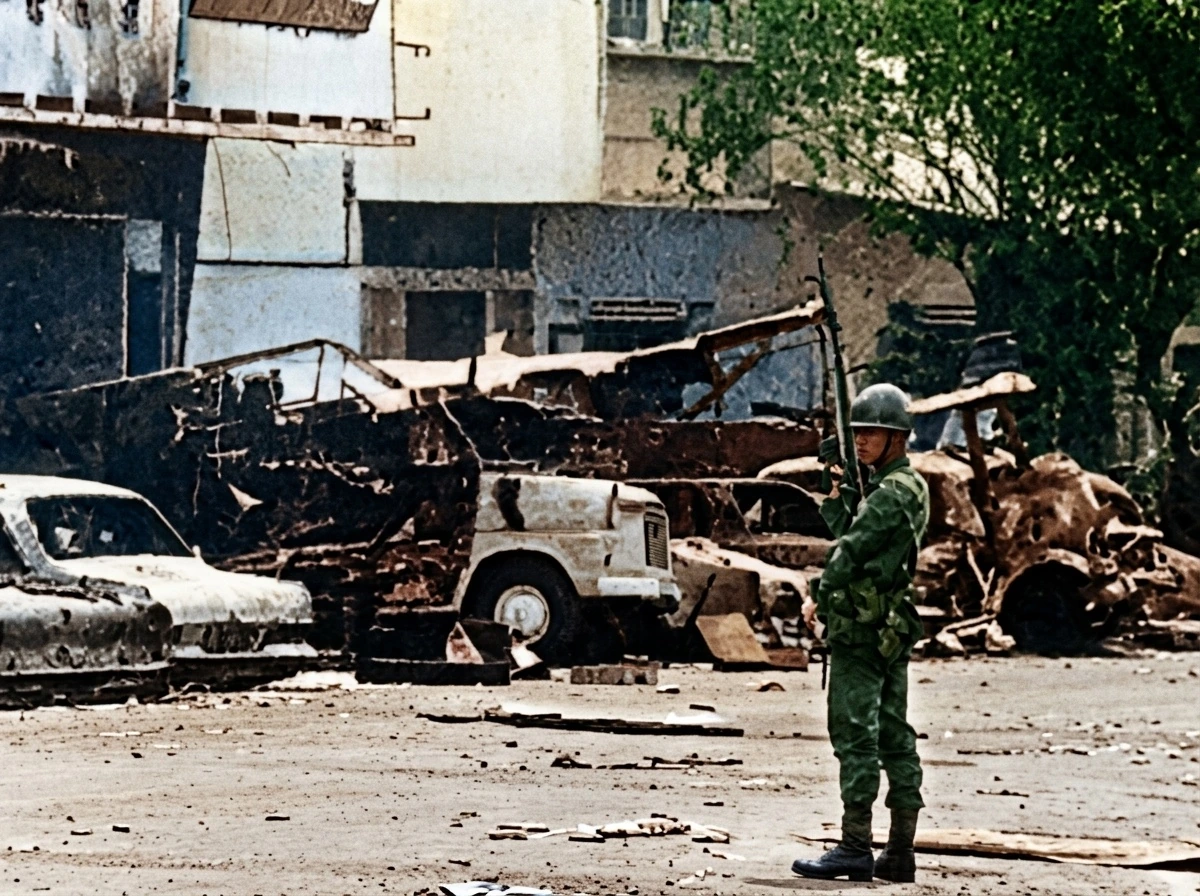 荷枪实弹的士兵肃立于遭纵火焚毁的汽车与卡车焦黑残骸前严密警戒