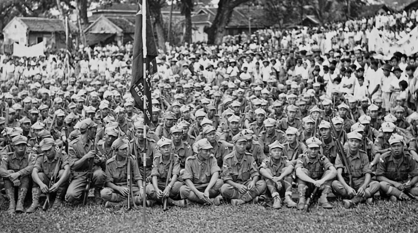 1945年8月日本投降后，马来亚人民抗日军第一独立队（1st Regt MPAJA）武装指战员持枪列坐于市镇广场，接受各族民众夹道欢迎。