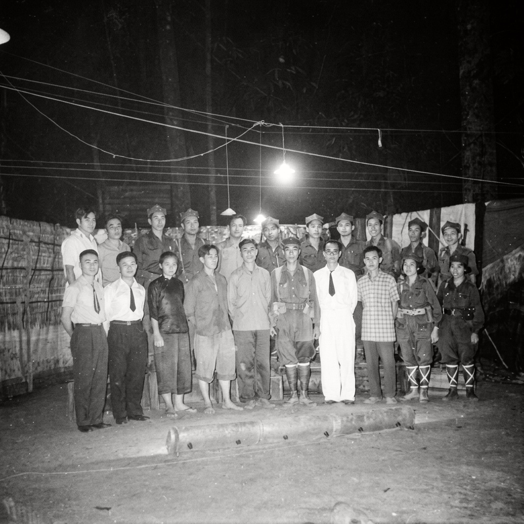 1966年一区部队演出的抗日历史剧《革命的考验》剧照，展现日占时期各族抗日军民秘密联络、支援敌后独立队开展游击战的群像。