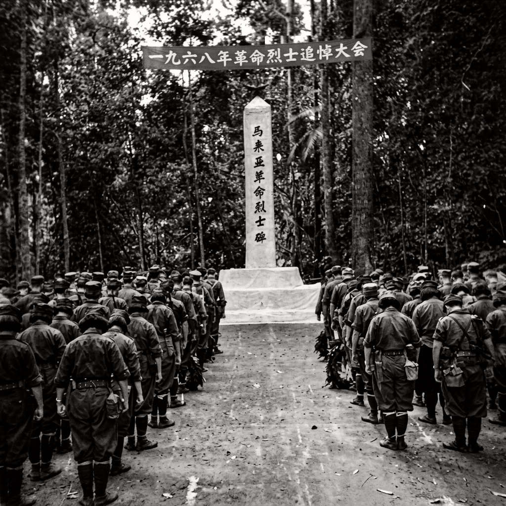 1968年9月1日密林根据地举行的“一九六八年革命烈士追悼大会”现场，武装指战员列队在镶嵌红星的“马来亚革命烈士碑”前肃立默哀。