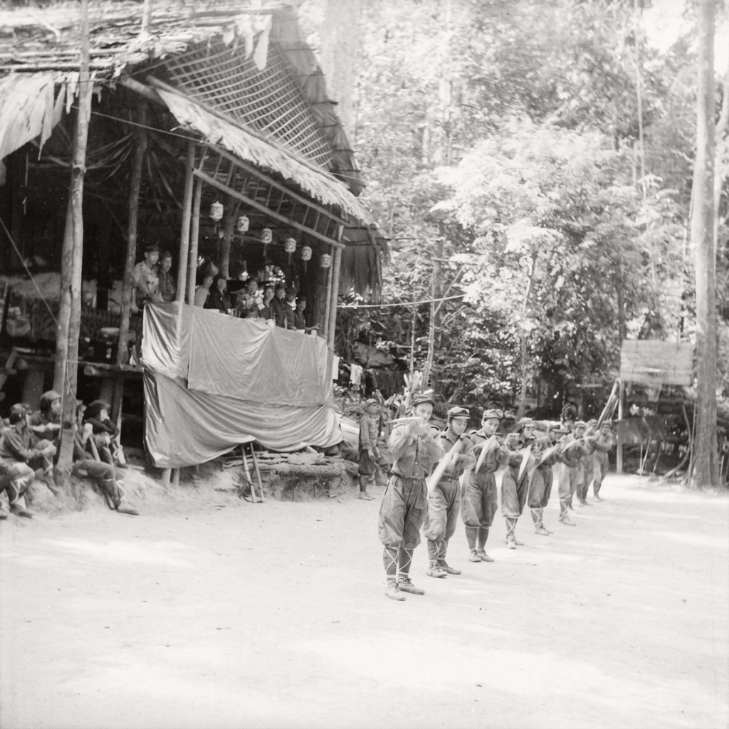 1964年马来亚民族解放军步兵班全副武装、裹扎绑腿，在丛林检阅台前进行持枪刺杀突击队列演练。