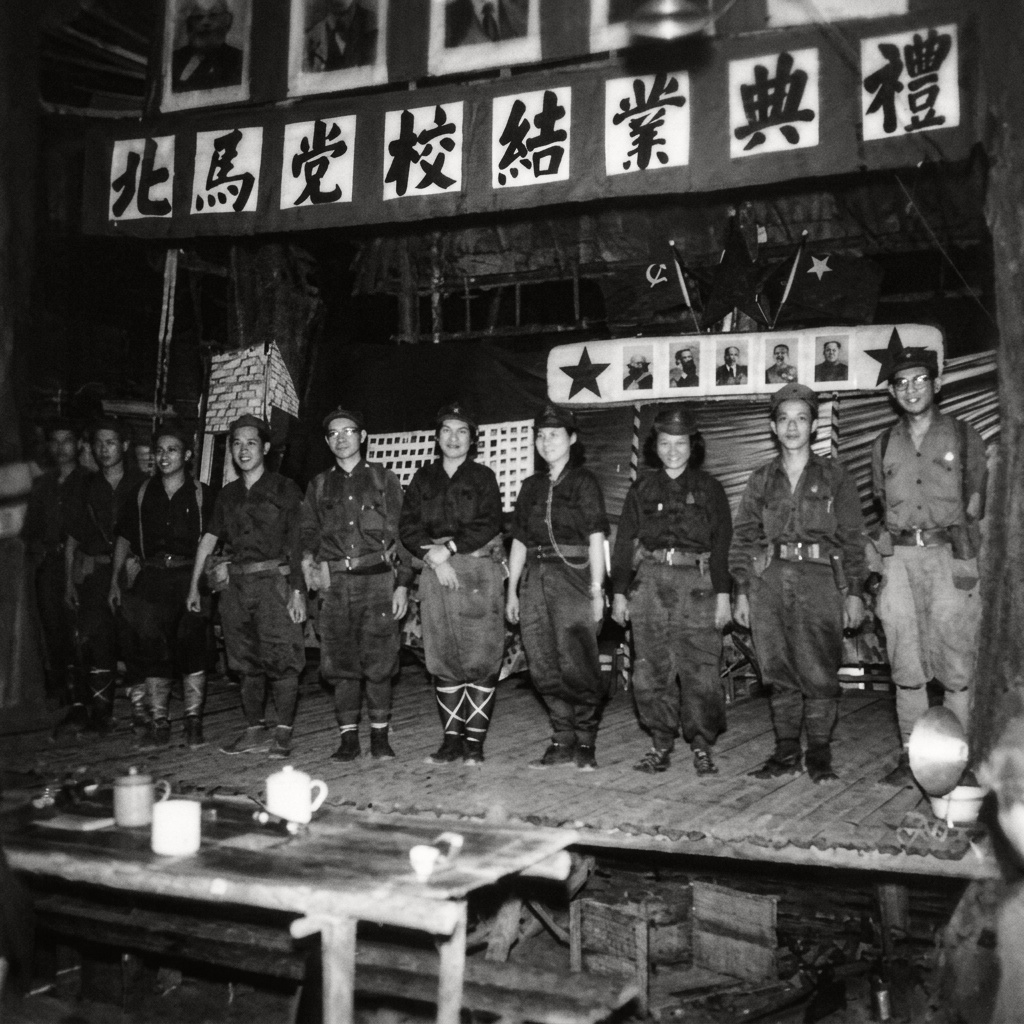 1965年泰马边境密林营地举行的“北马党校结业典礼”，参训干部与武装指战员在悬挂马恩列斯毛画像及党旗、军旗的木制舞台上列队合影。