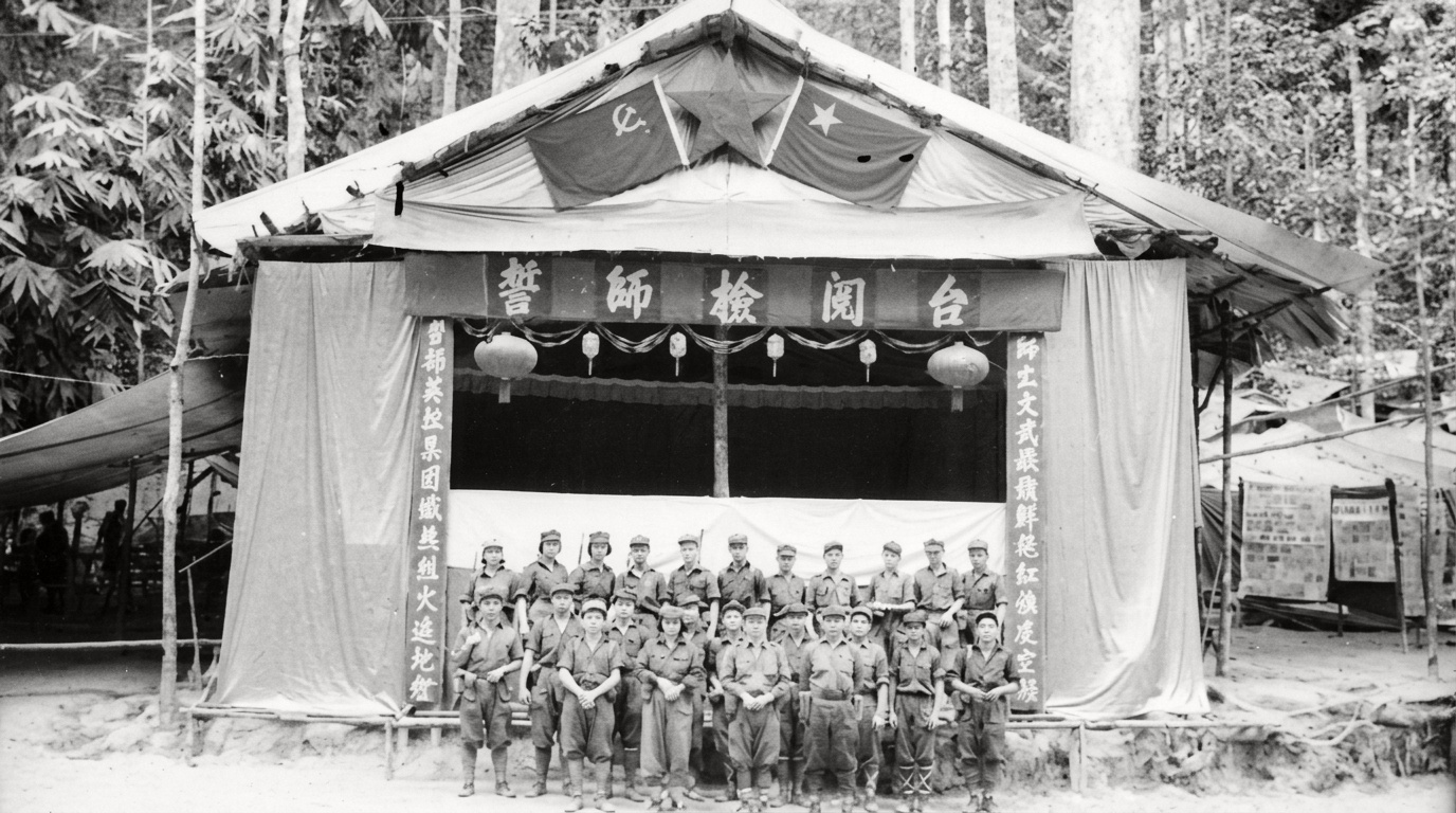北马第五期党校参训干部与青年指战员在悬挂交叉党军旗的“誓师检阅台”前合影留念。