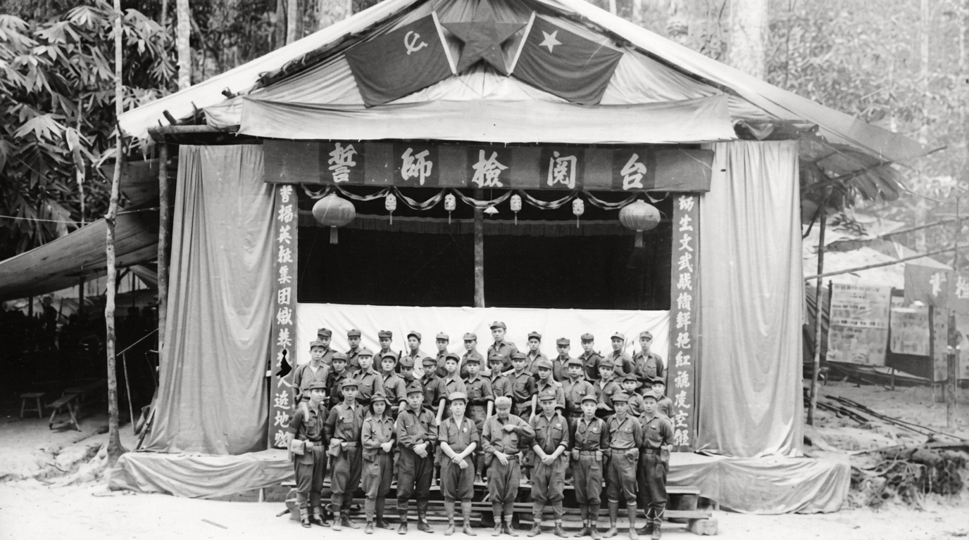 北马第五期党校全体女指战员全副武装在密林检阅台前合影，展现1960年代根据地青年女战士的军容风貌。