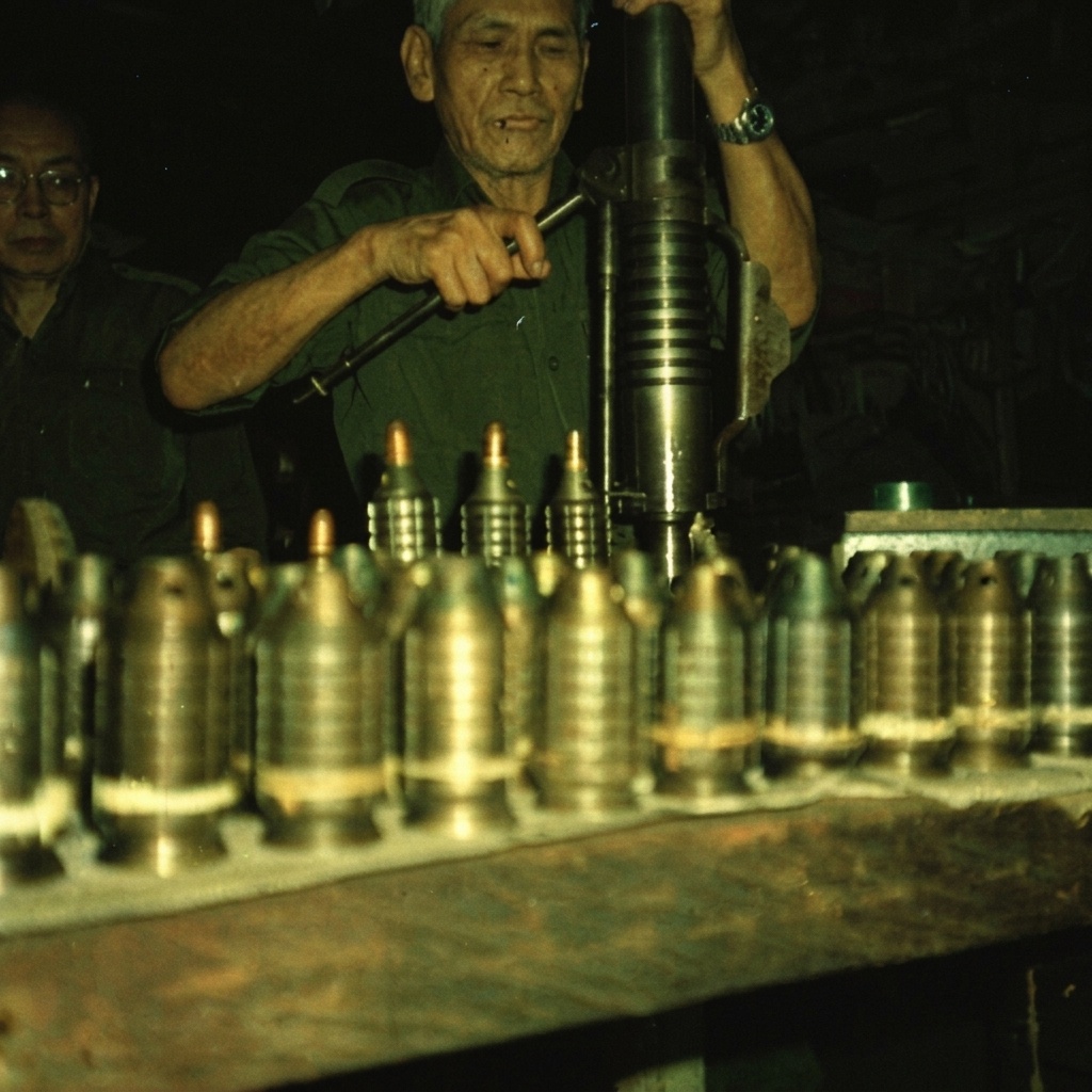 1989年8月7日，勿洞地下兵工厂军械技师在排满自制地雷与炮弹壳体的木制工作台后方调试重型掷弹筒与压装工具。