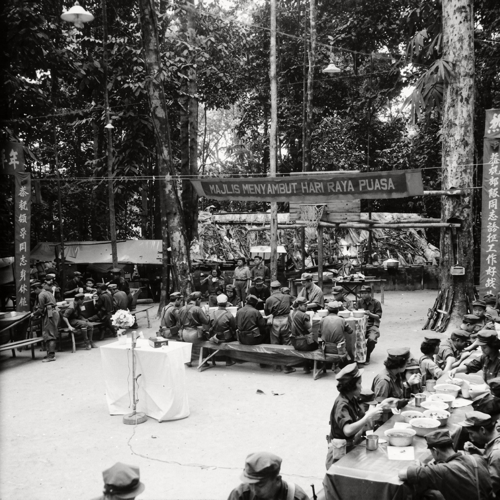 1964年北马根据地举行的开斋节庆祝大会（MAJLIS MENYAMBUT HARI RAYA PUASA），各族指战员在汽灯下会餐，右侧树干旁整齐架放着步枪。