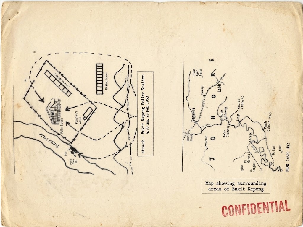 英国殖民当局“机密（CONFIDENTIAL）”军事档案原件：《1950年2月23日凌晨4时30分武吉甲洞警察局围攻态势图》（attack - Bukit Kepong Police Station 4.30 am, 23 Feb 1950），详尽标注了民族解放军轻机枪阵地、突击路线与警局防御工事