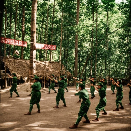 1968年6月20日马来亚民族解放军在丛林根据地隆重举行“六二〇”抗英民族解放战争二十周年纪念升旗典礼、刺杀战术演练、实弹射击与文艺汇演历史实照（第17帧）
