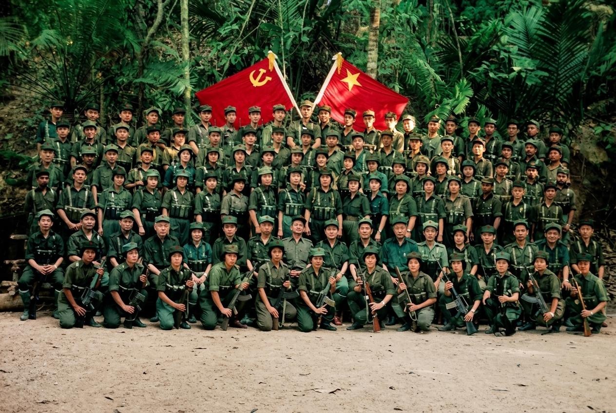1970年代后期至1980年代马来亚民族解放军各支队指战员在边境丛林根据地高举马共党旗与军旗整装合影历史实照（第4帧）